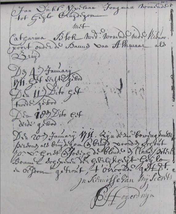 Burgerlijke huwelijksinschrijving Jan Dirksz IJpelaan en Catharina Blok, 1711