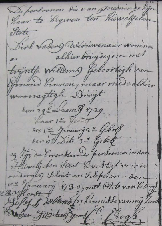 Huwelijk Dirk Vaders en Trijntje Willems, Heiloo, 1729