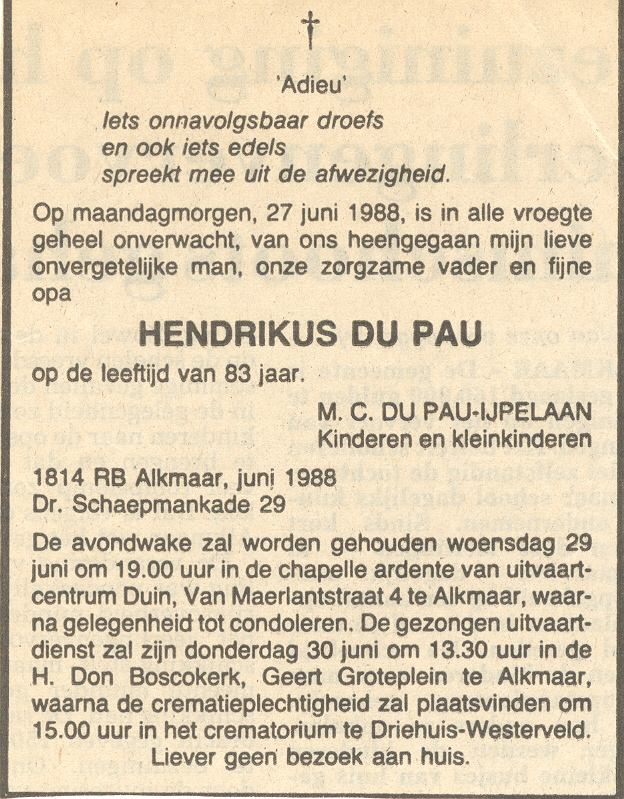 Overlijdensadvertentie Henk Du Pau