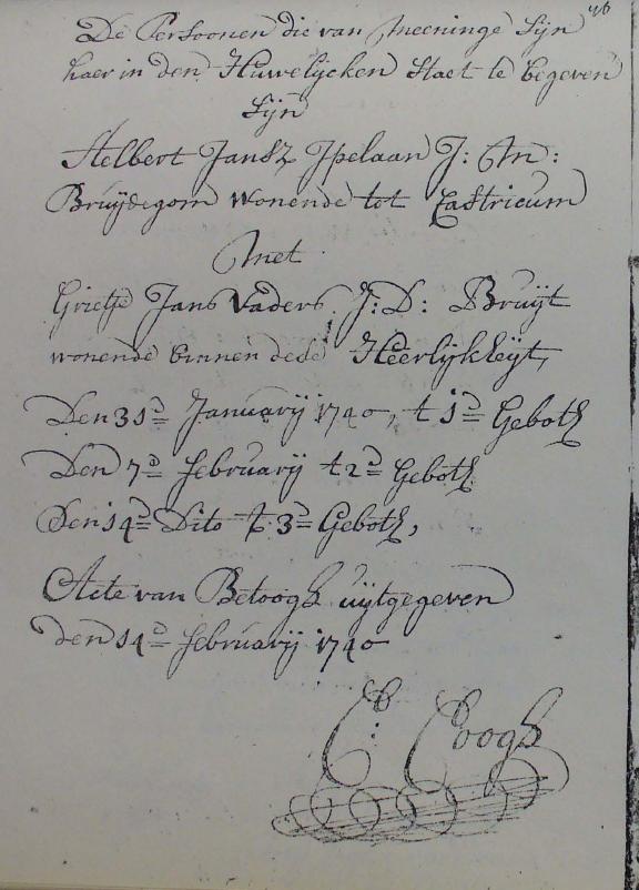 Burgerlijke huwelijksinschrijving Aalbert Jansz Jpelaan en Grietje Jans Vaders, Heiloo, 1740