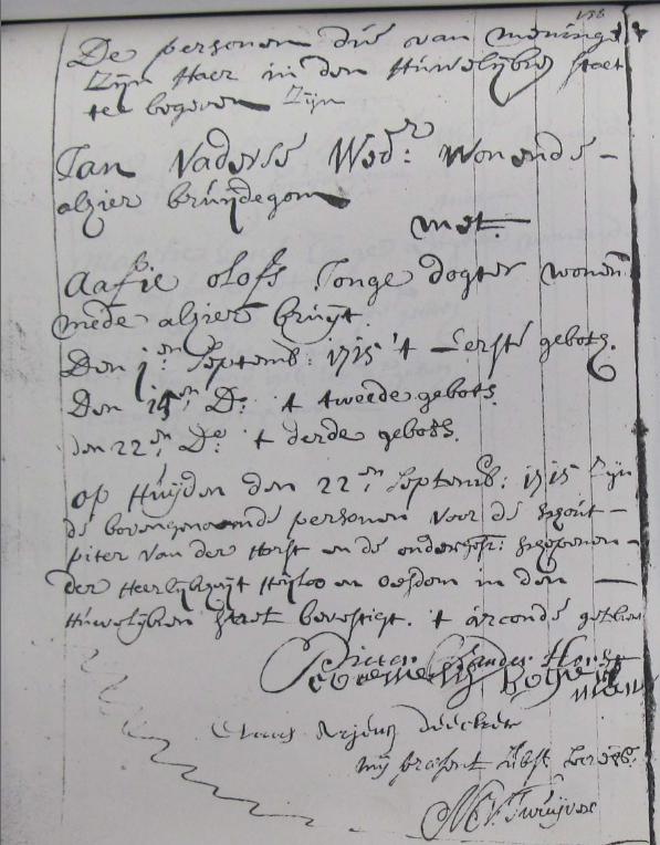 Burgerlijke huwelijksinschrijving Jan Vaderse, weduwnaar, en Aafie Olofs, Heiloo, 1715