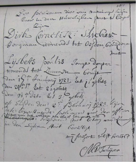 Huwelijk Dirk Cornelisz Slicker en Elizabeth Paulus, Heiloo 1723