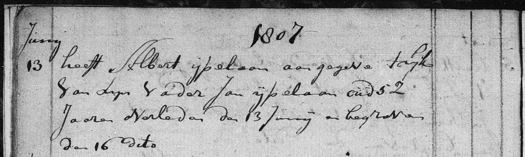 R.K. overlijdensinschrijving Jan IJpelaan, Limmen 1807