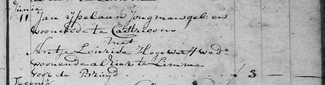 Impostinschrijving Jan IJpelaan en Antje Hoogerwerf, Castricum 1785