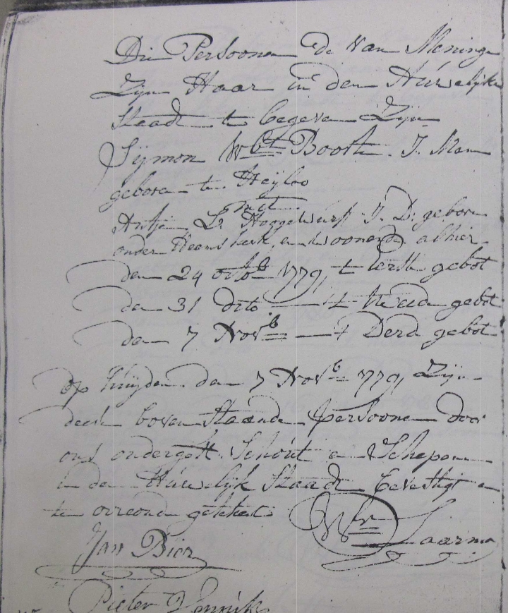 Huwelijksakte Sijmen Wbt. Boorte en Antje Hoogerwerf, Limmen 1779